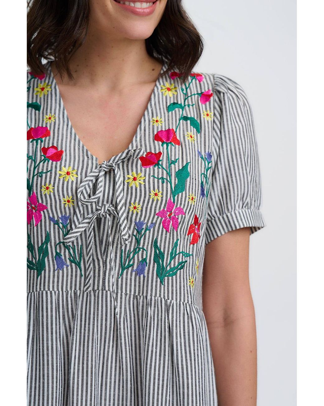 Sugarhill Gray Ruby Midi Smock Dress Monochrome Stripe, Garden Floral