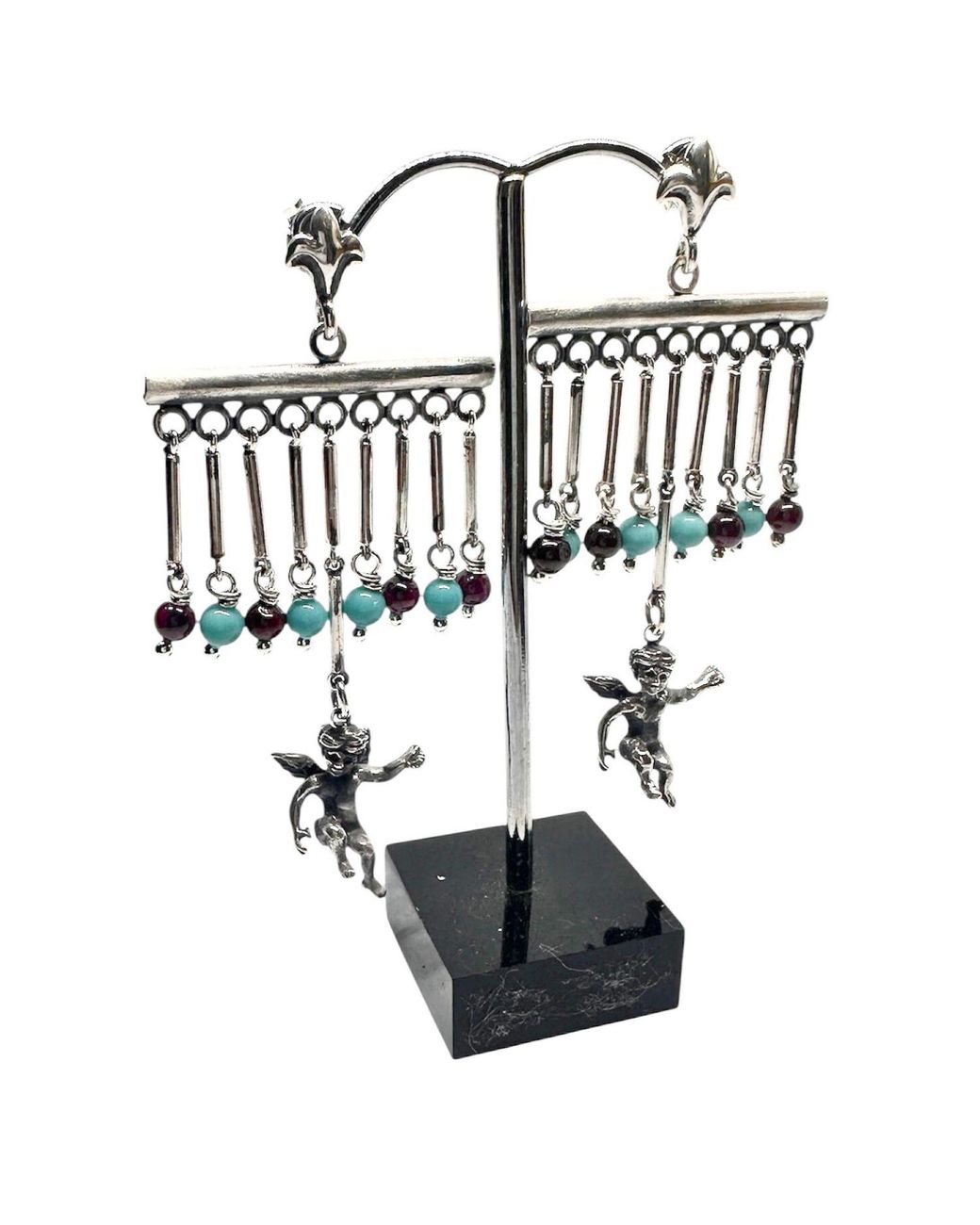 Tg-Jewellery by Tamara Gervasio Metallic Sterling Cherub Chandelier Earrings With Garnet & – Lost Wax Carving
