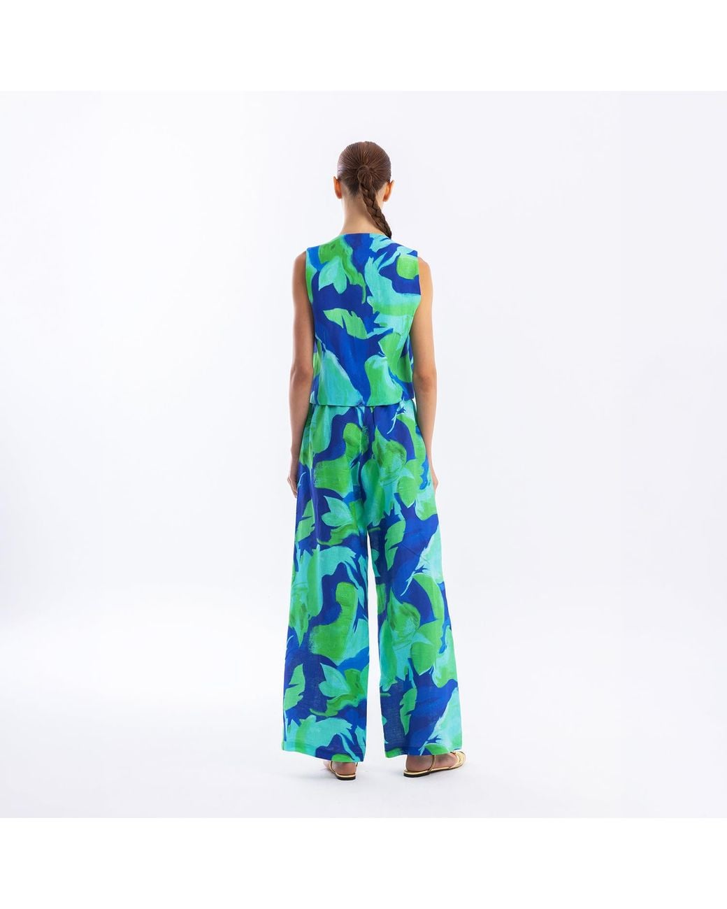 Haris Cotton Green Relaxed Fit Printed Linen Pants With Elastic Waist Lagoon