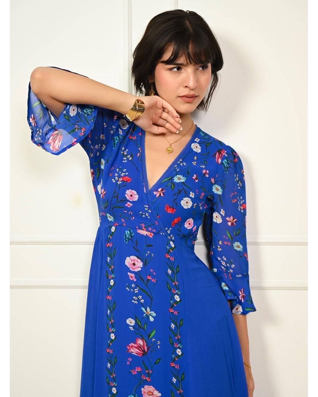 Rose & Nancy Blue Tory Botanical Floral Border Print Maxi Dress