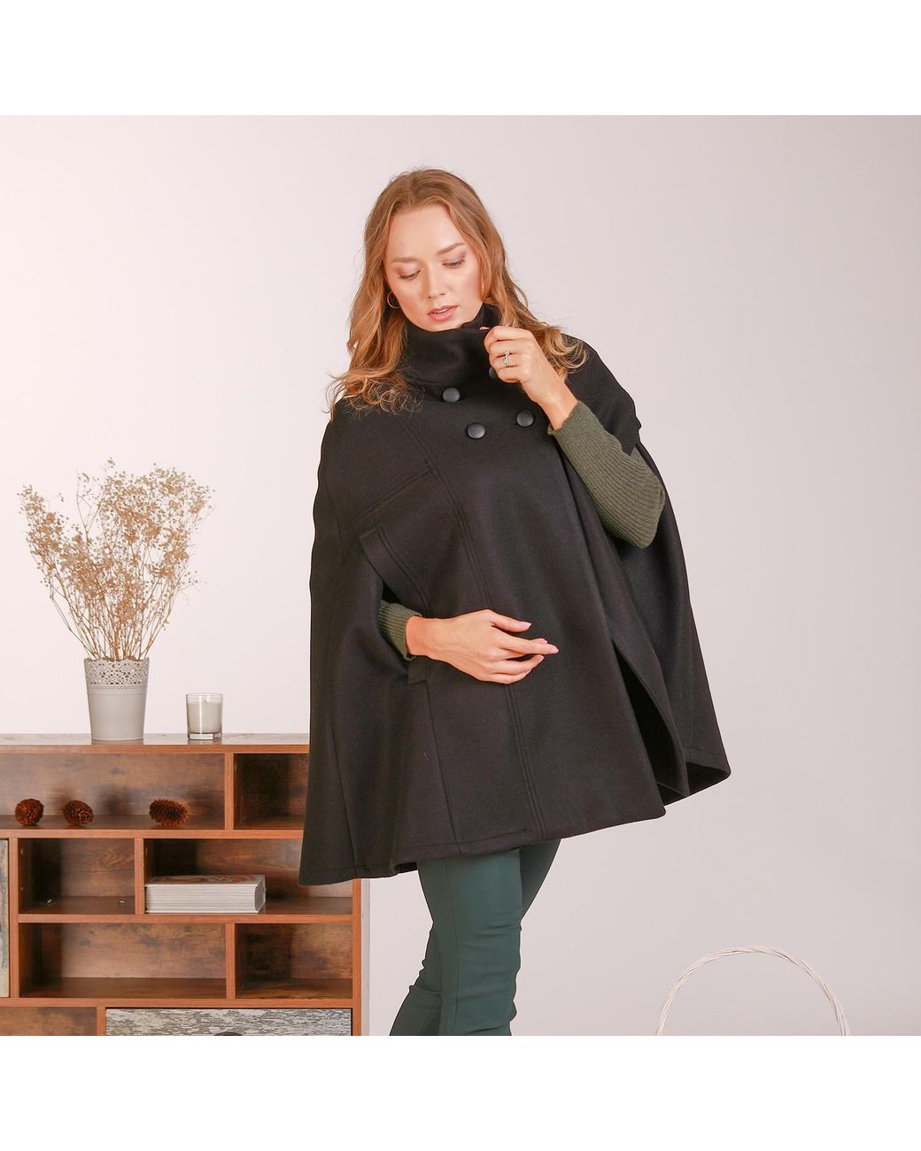 Nikka Place Black Wool Military Pea Coat With Front Buttons & High Neck