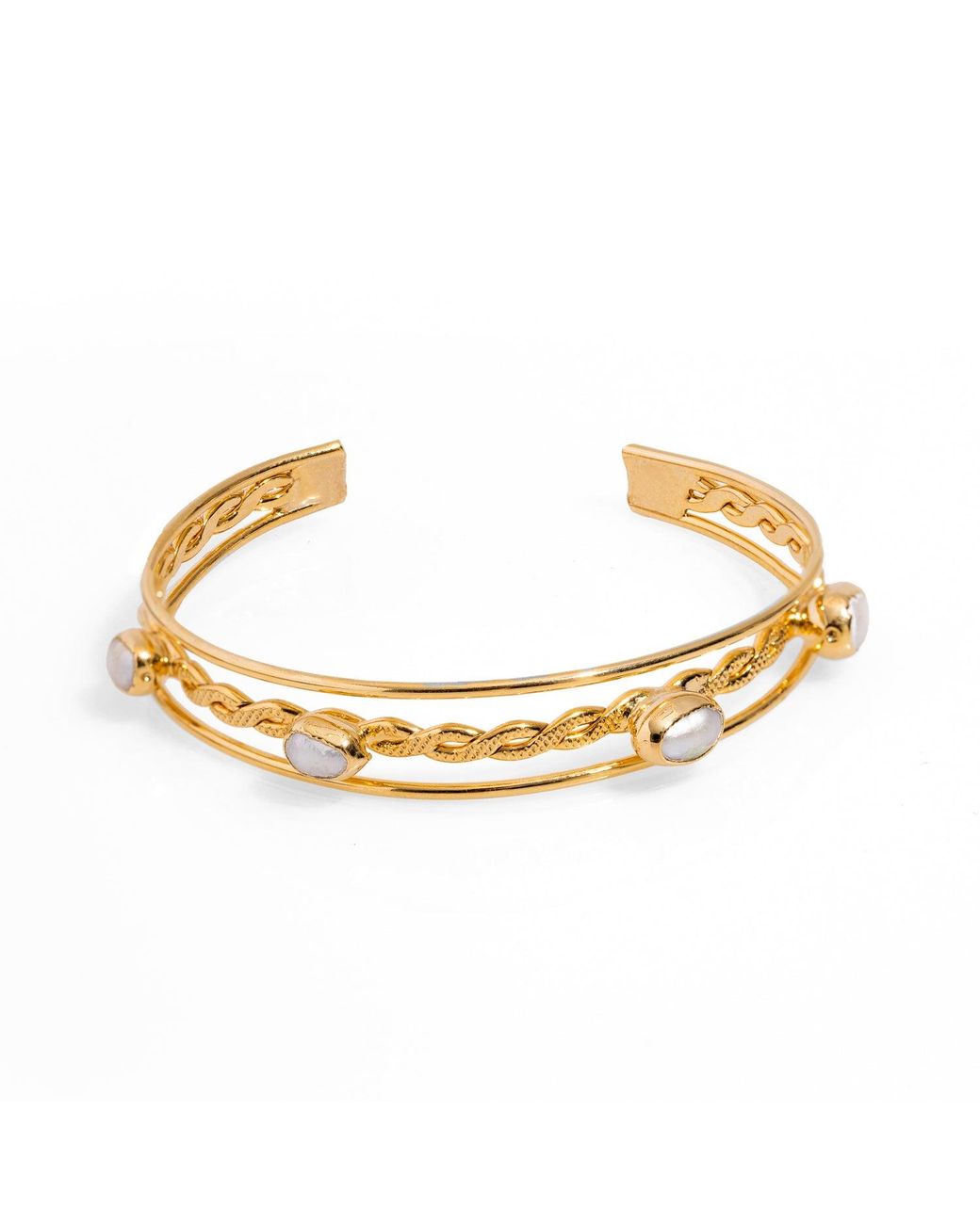 Ebru Jewelry Metallic Pearl Twisted Gold Cuff Bracelet