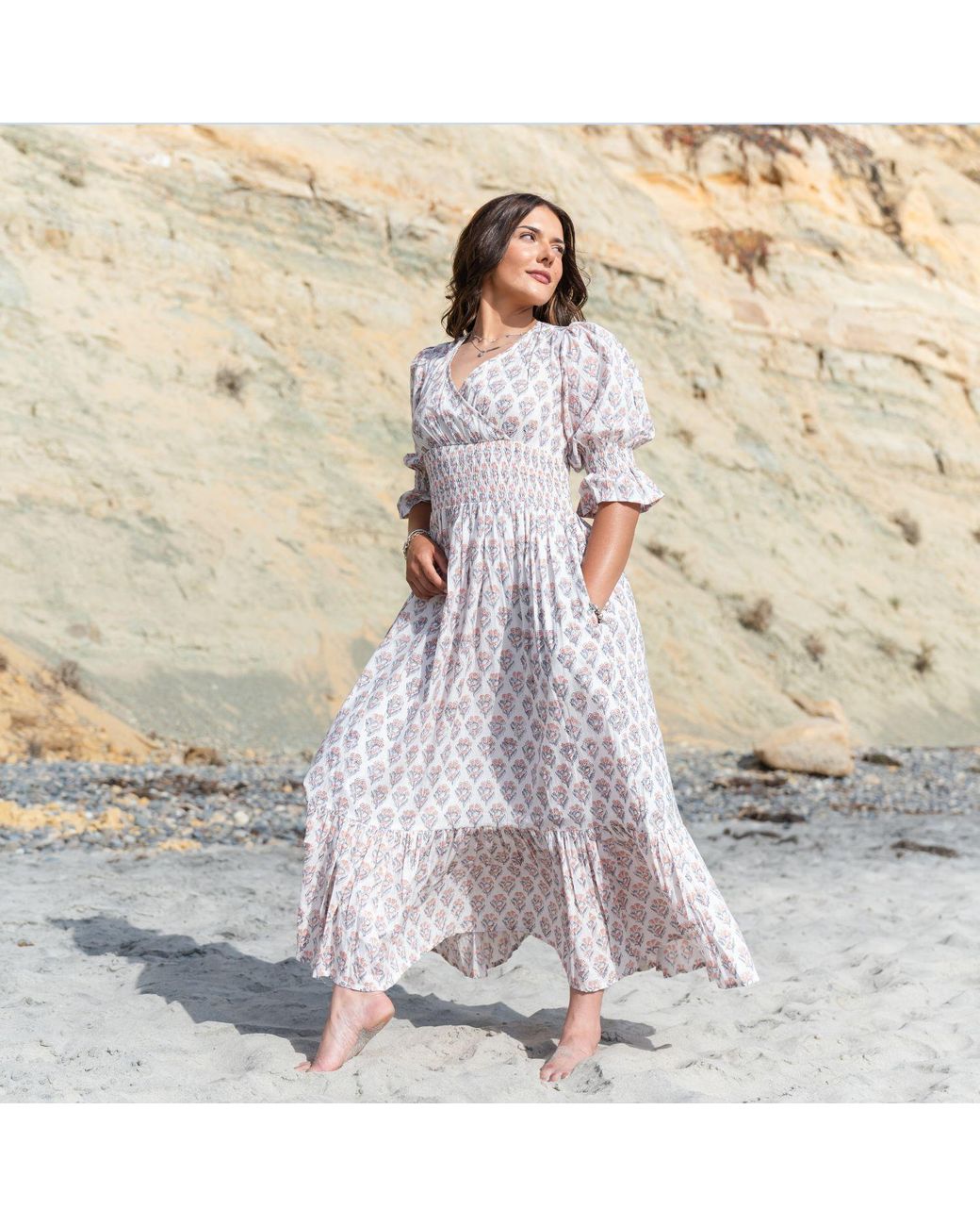 House of Gl Pink Neutrals Lilienne Hand-Block Printed Smocked Midi Dress