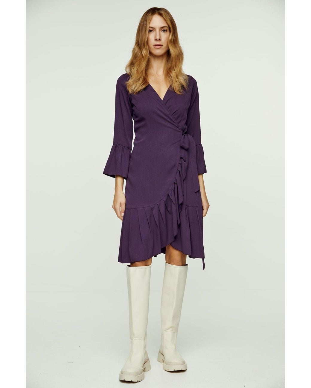 Conquista Purple Aubergine Wrap Dress Viscose With Bell Sleeves