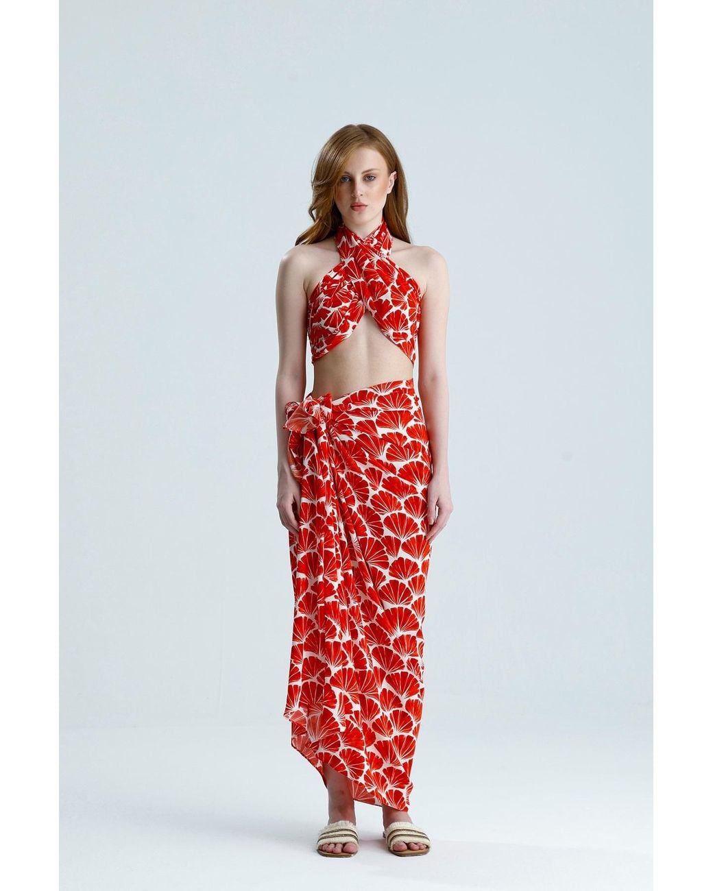 Lilamie Red Bali Side Tie Summer Pareo Skirt