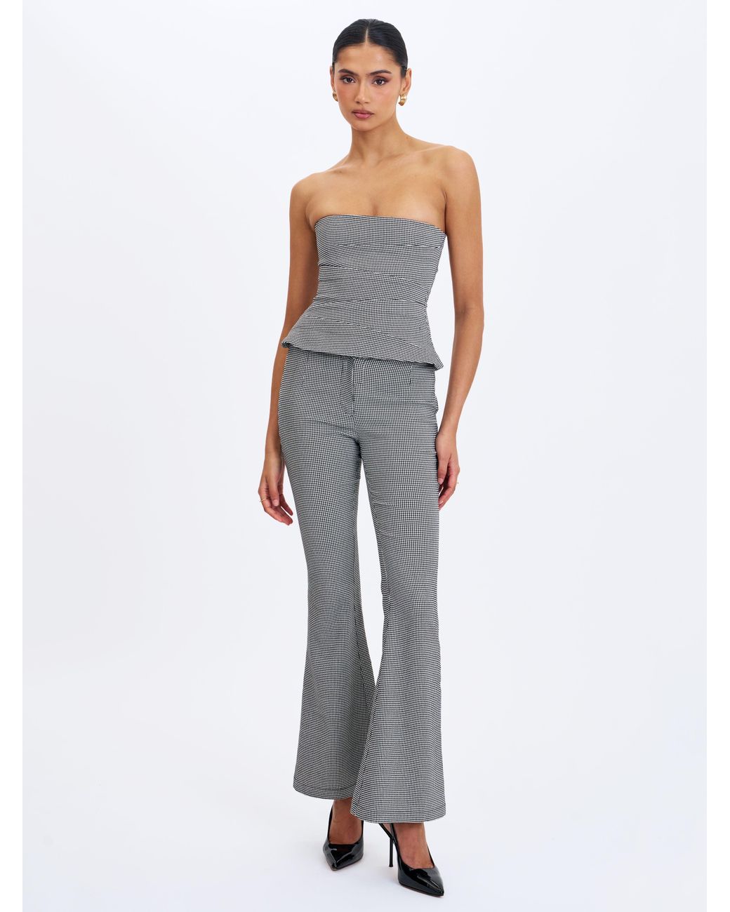 Miss Circle New York Gray Ulli Micro-Houndstooth Flared Pants