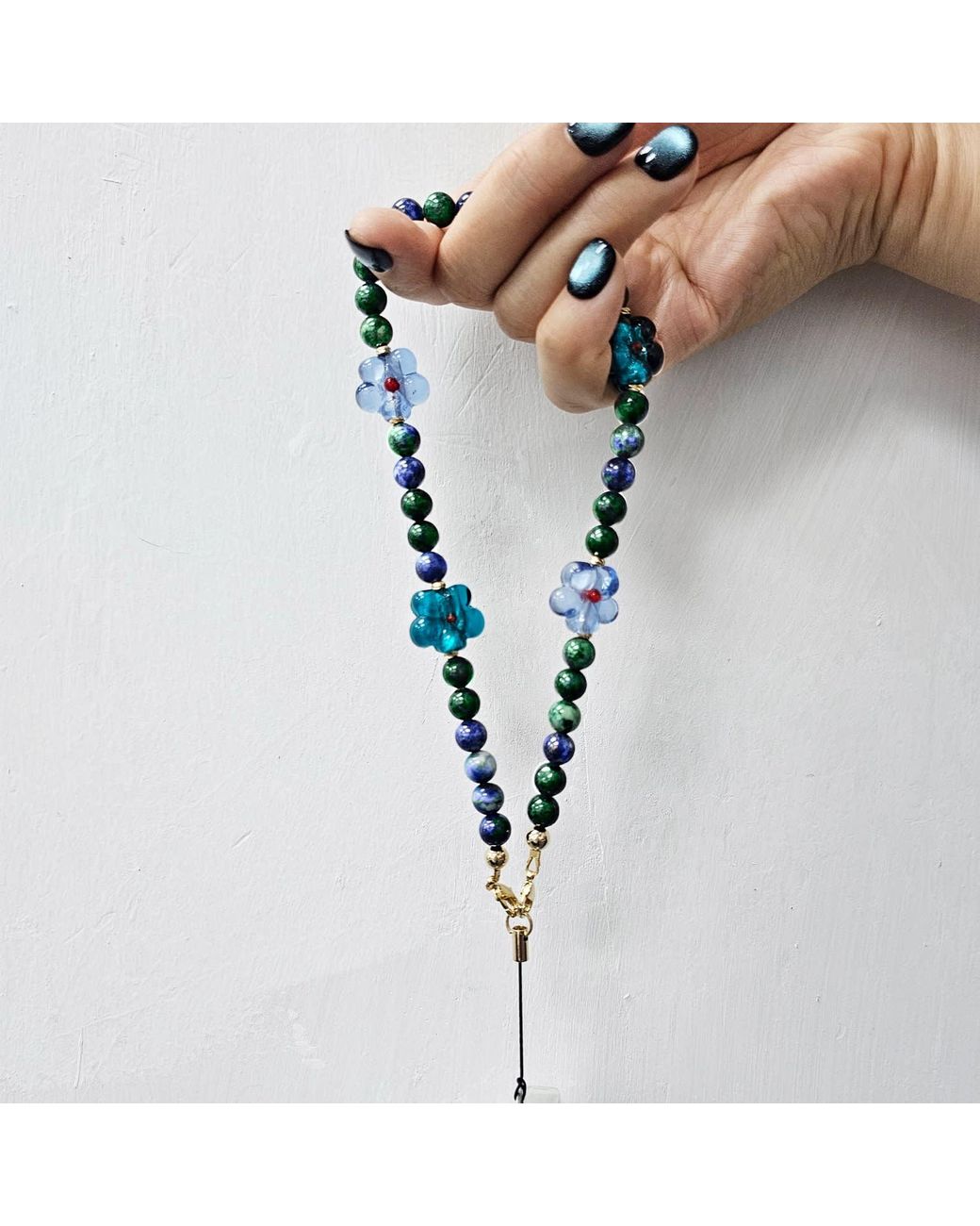 Farra Blue Phoenix Lapis Gemstone With Flowers Phone Semiprecious Stone Strap
