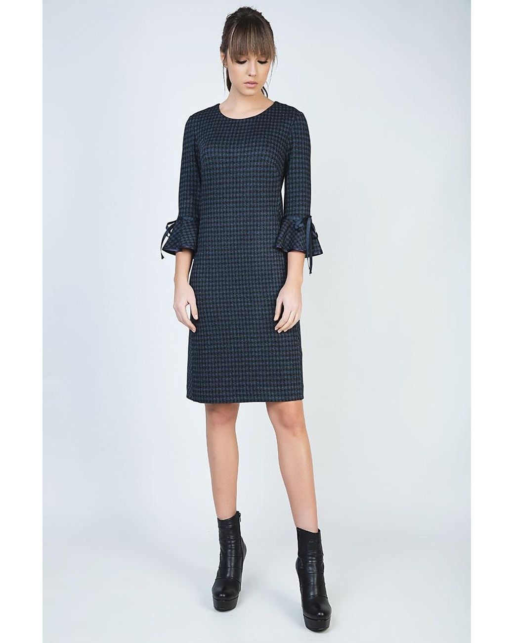 Conquista Blue Bell Sleeve Straight Check Dress
