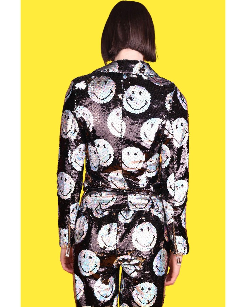 Any Old Iron Black Iridescent Smiley Reversible Sequin Moto Jacket