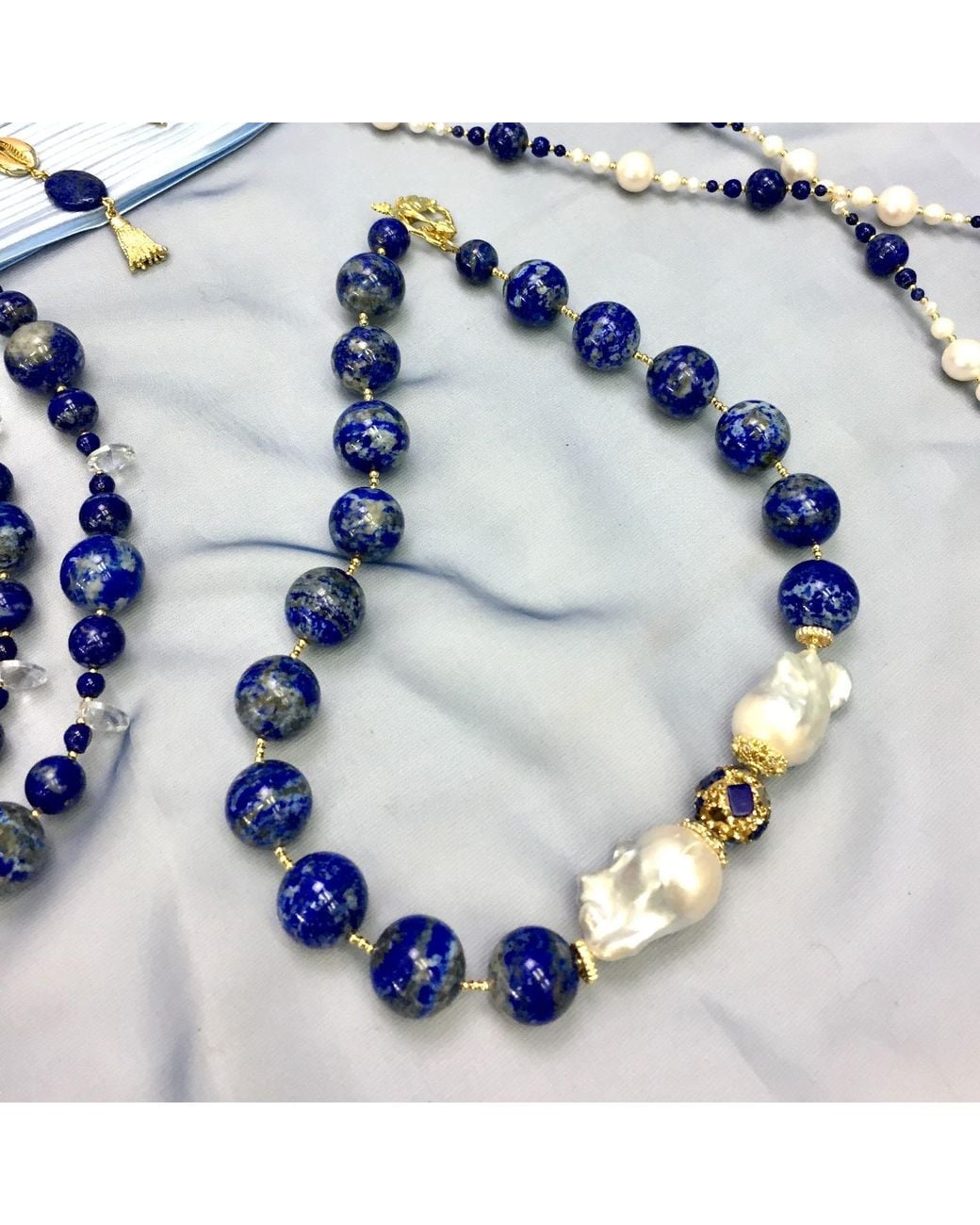 Farra Blue Natural Round Lapis With Baroque Necklace