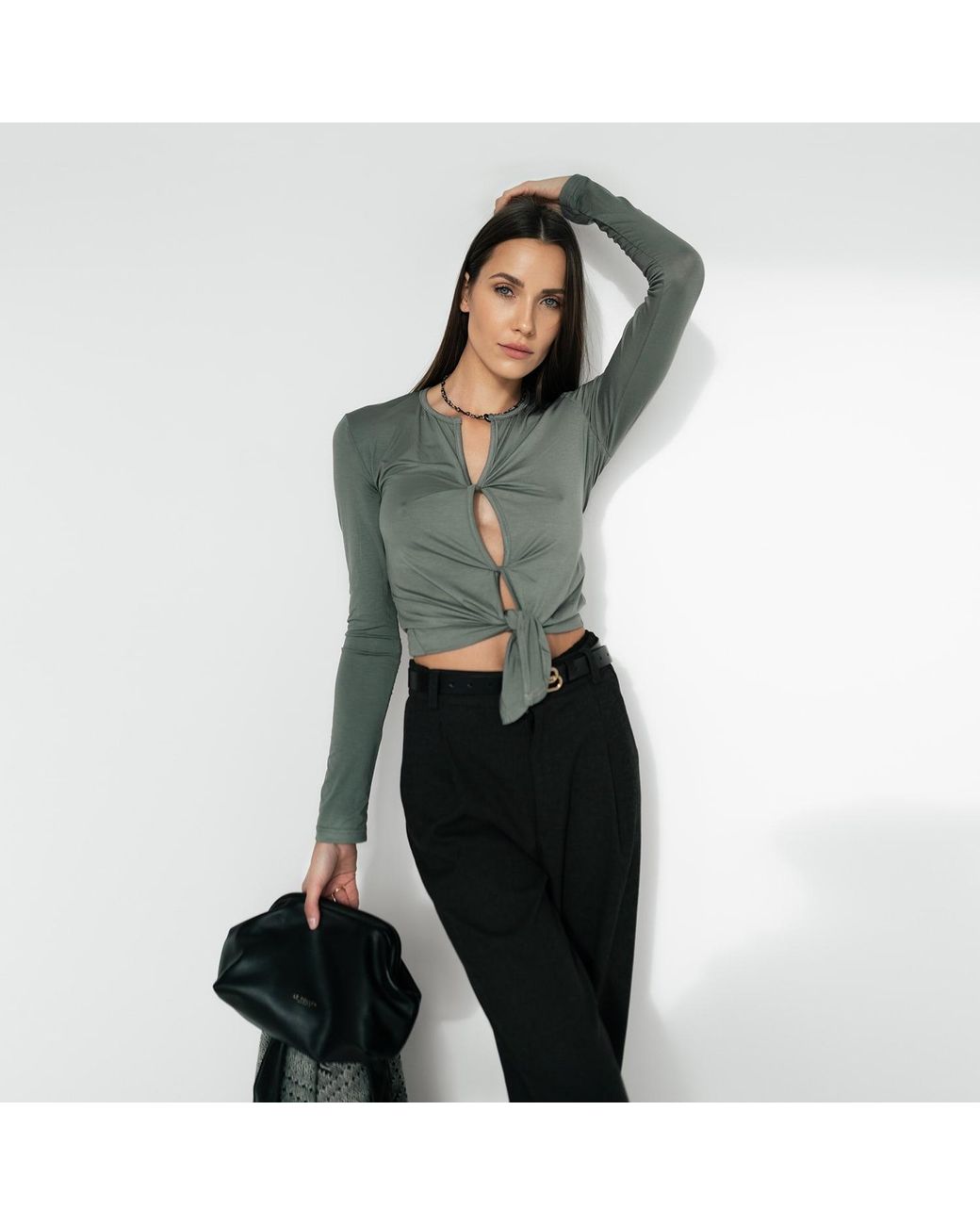 Mandragora Green Khaki Viscose Top With Woven Openings