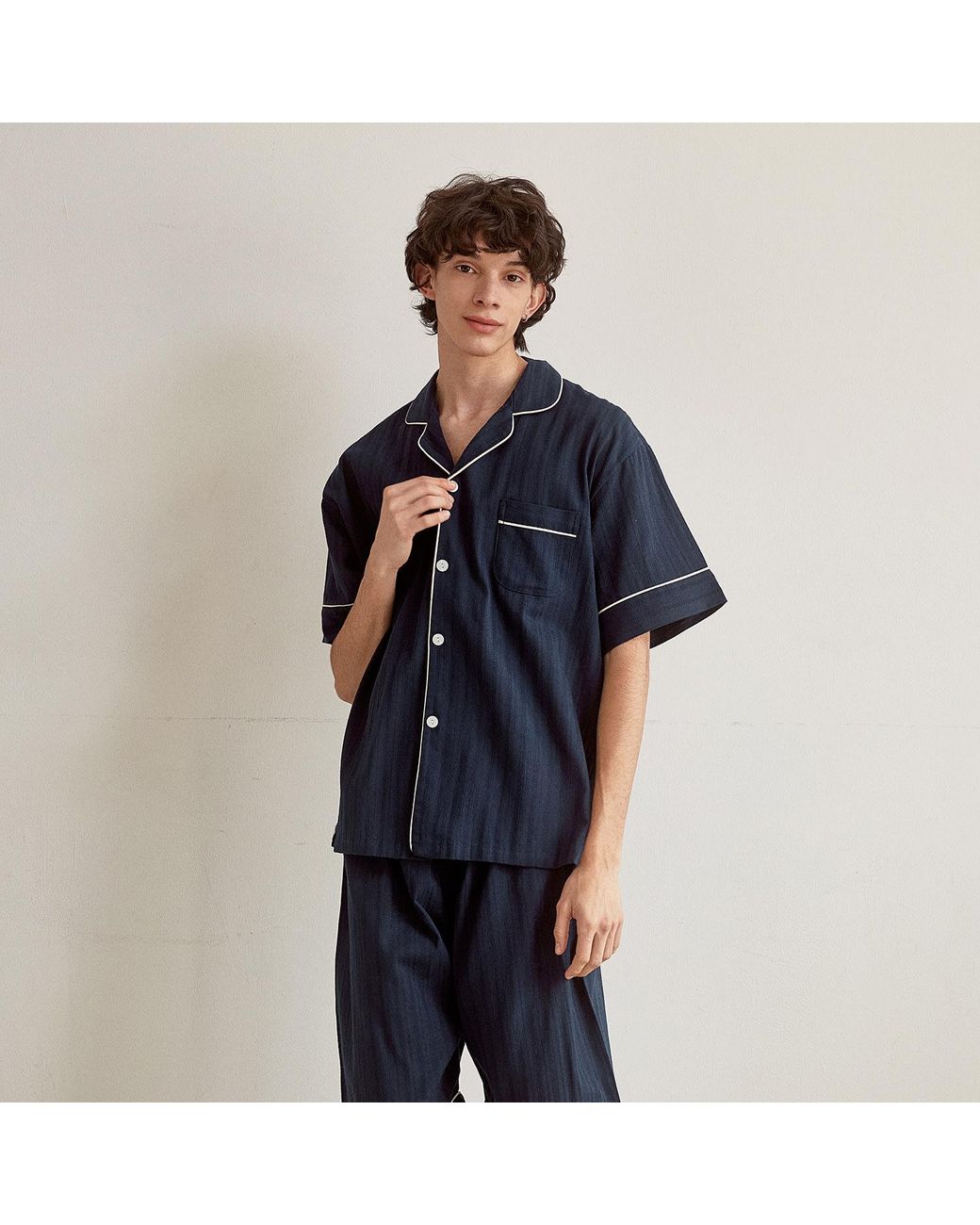 Luna Luz Blue Le Blanc Textured Cotton Short-Sleeve Pajama Set – for men