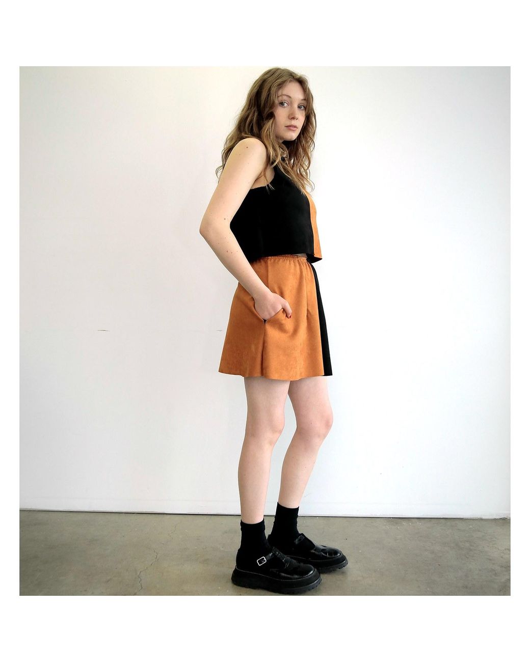 By Noa Rawitz Black Ultra Suede Sleeveless Color Blocked Top- And