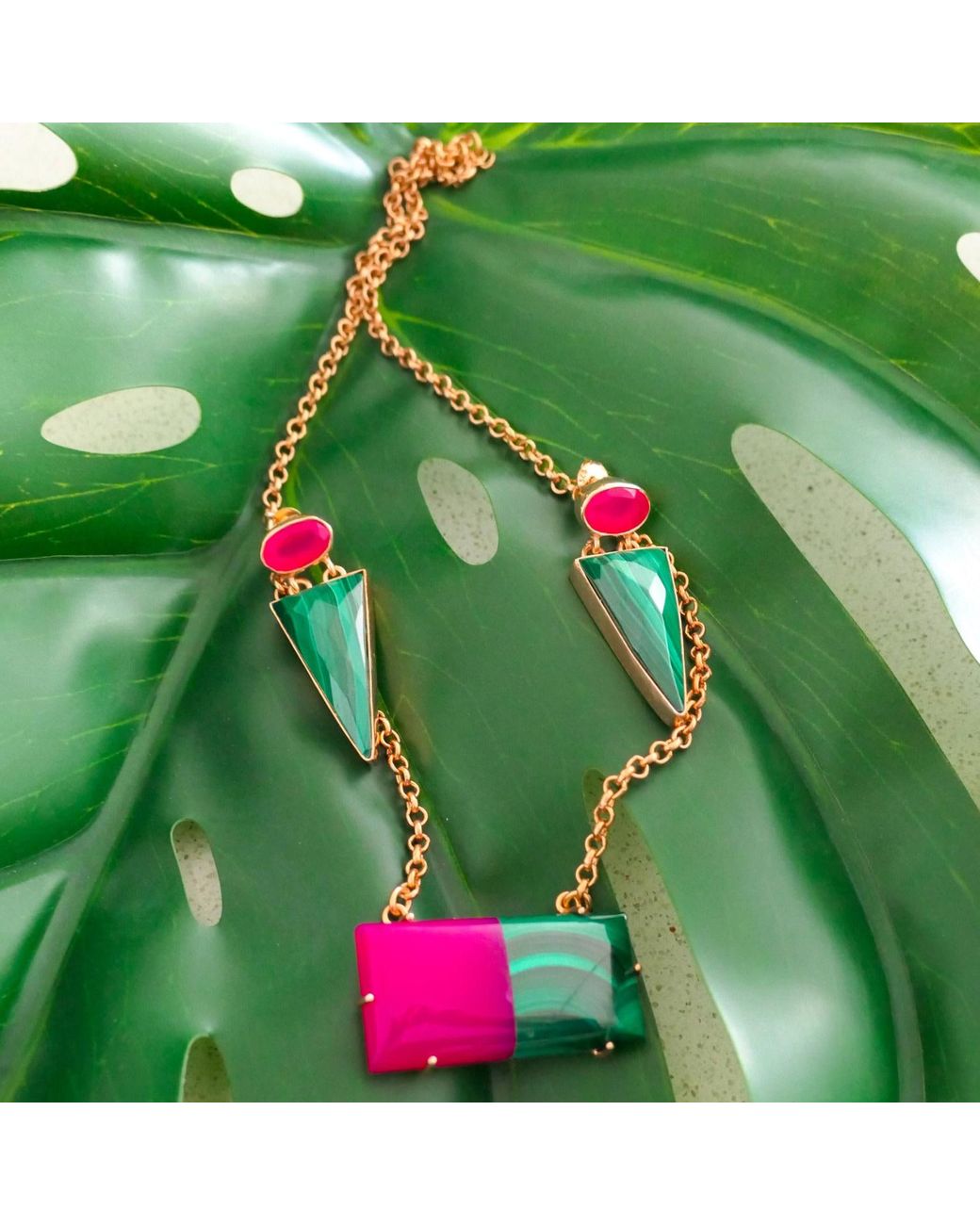 YAA YAA LONDON Multicolor 'lady Yvonne' Rose Gold Pink Green Gemstone Statement Necklace