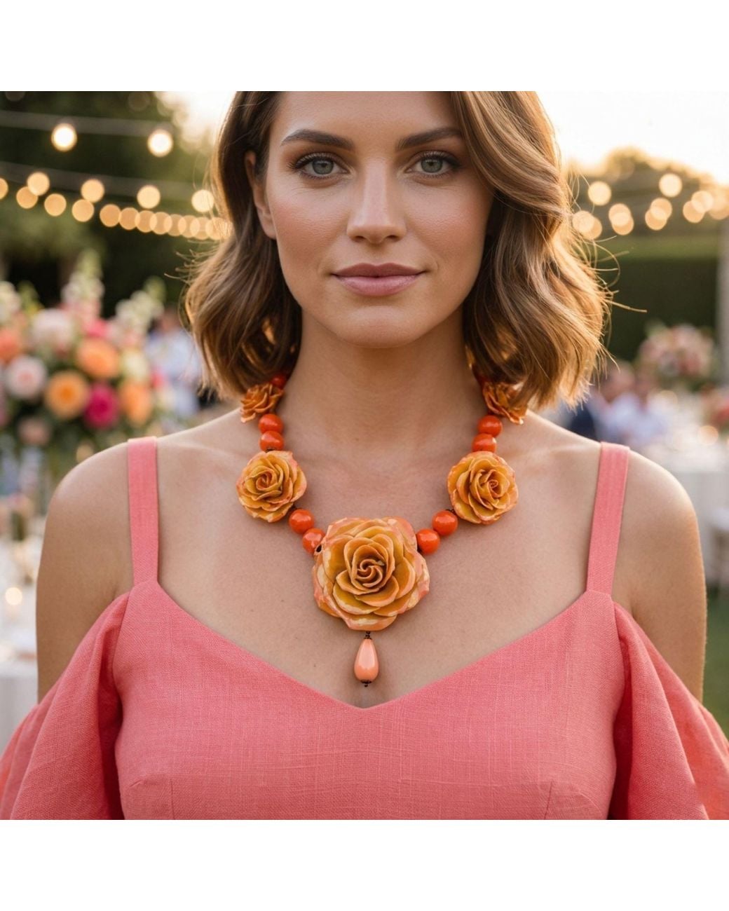Bellus Domina Red Natural Large Rose Coral Necklace