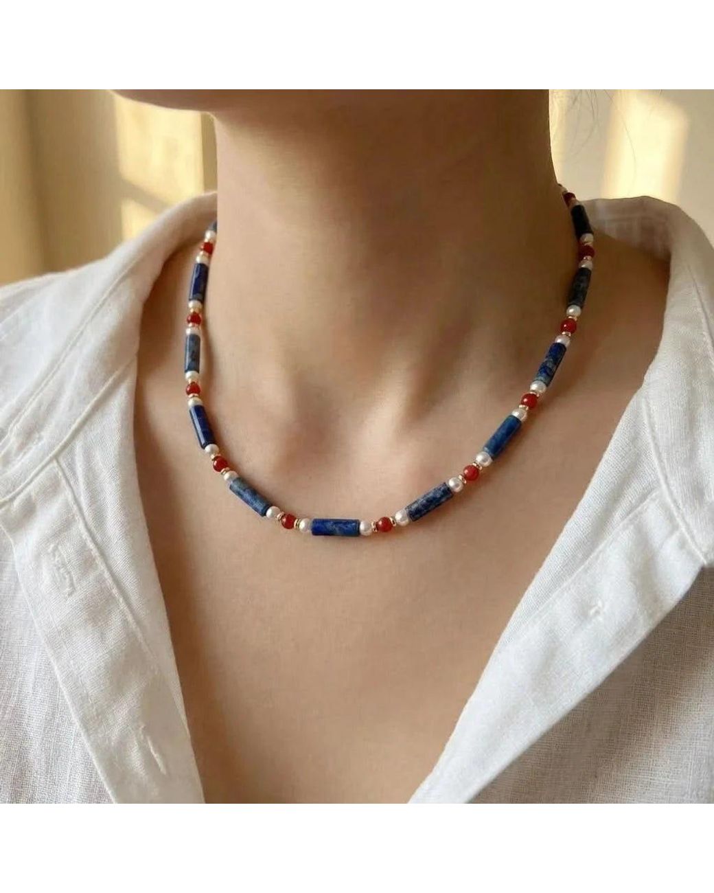 Angel Barocco Metallic Lapis Lazuli Agate Beaded Pearl Necklace
