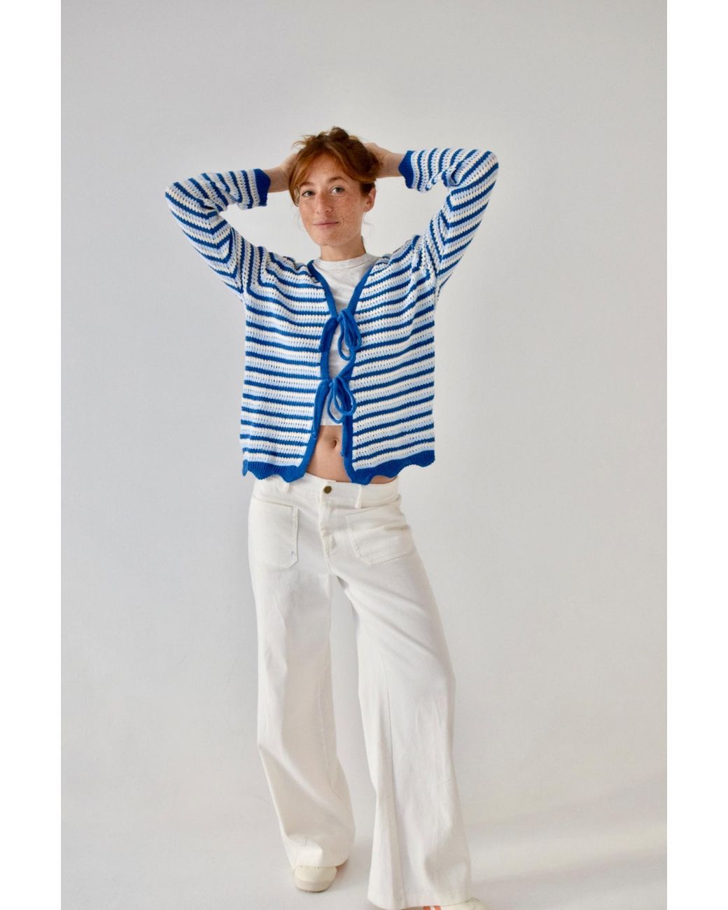 Mind Traveler Blue Striped Open-Knit Tie-Front Cardigan