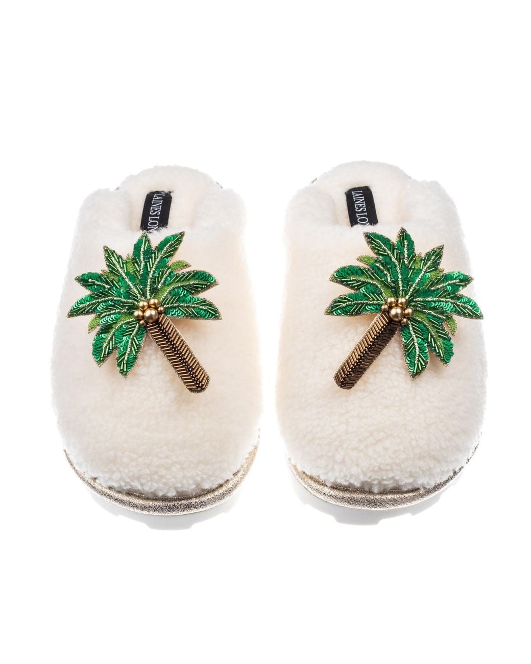 Laines London Green Teddy Closed Toe Slippers With Double Palm Tree Brooches