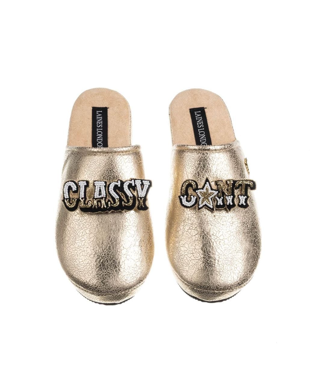 Laines London Metallic Softie Slippers With Classy Cunt Brooches