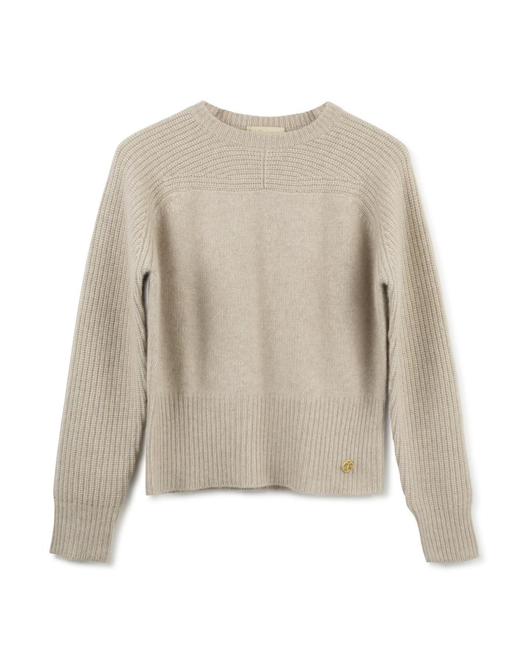 Bel Cashmere Gray Neutrals Ribbed Sleeves Organic Cashmere Sweater