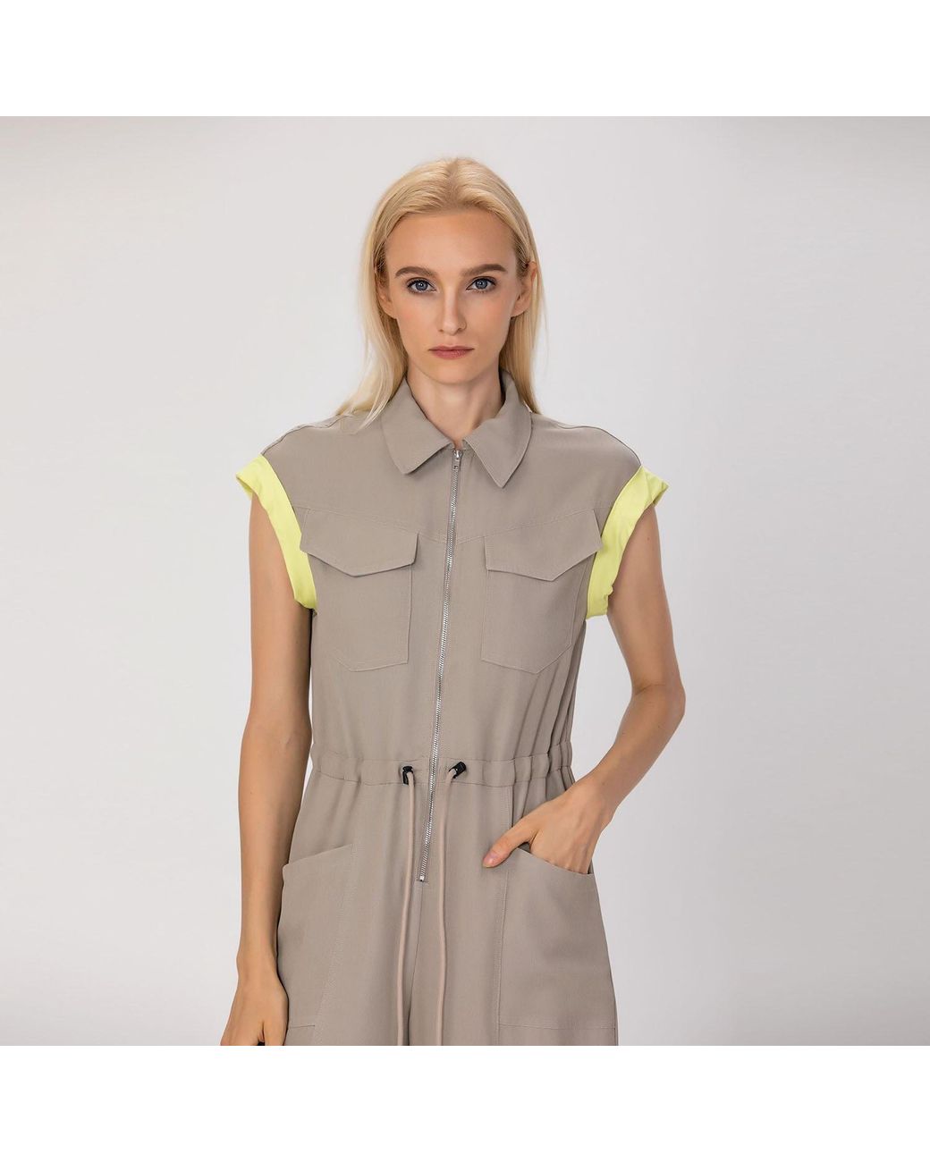 Smart and Joy Gray Sleeveless Shirt Collar Jumpsuit With Belt