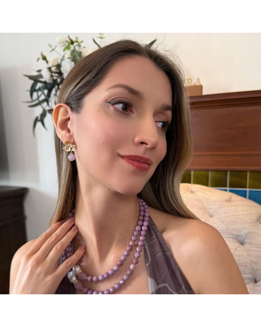 Farra Metallic Amethyst Dangle With Flower Stud Earrings