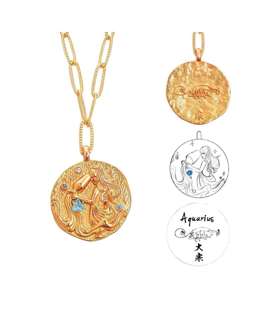 Aurozia Metallic Constellations Aquarius Double-Sided Coin Necklace
