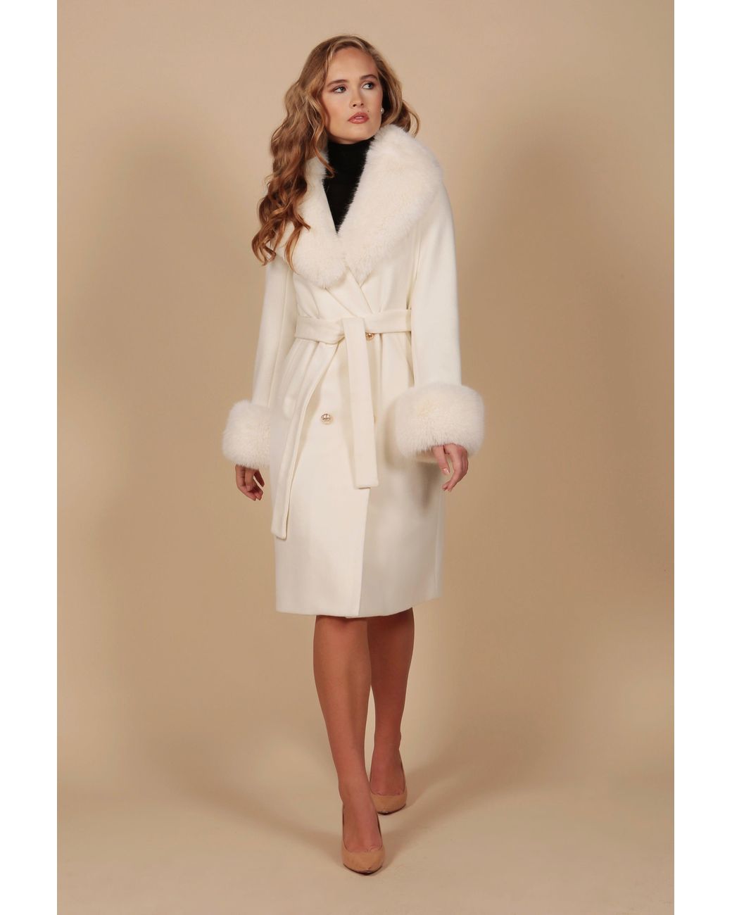 Santinni Natural Marlene Cashmere & Wool Coat With Faux Fur
