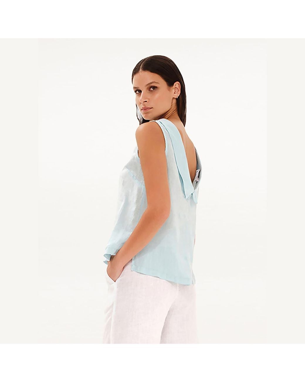 Haris Cotton Blue Boat Neckline Sleeveless Linen Top With Deep V Back Sapphire