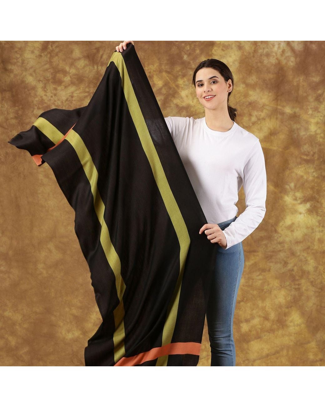 Heritagemoda Black Neutrals Handpainted Cashmere Wool Silk Scarf