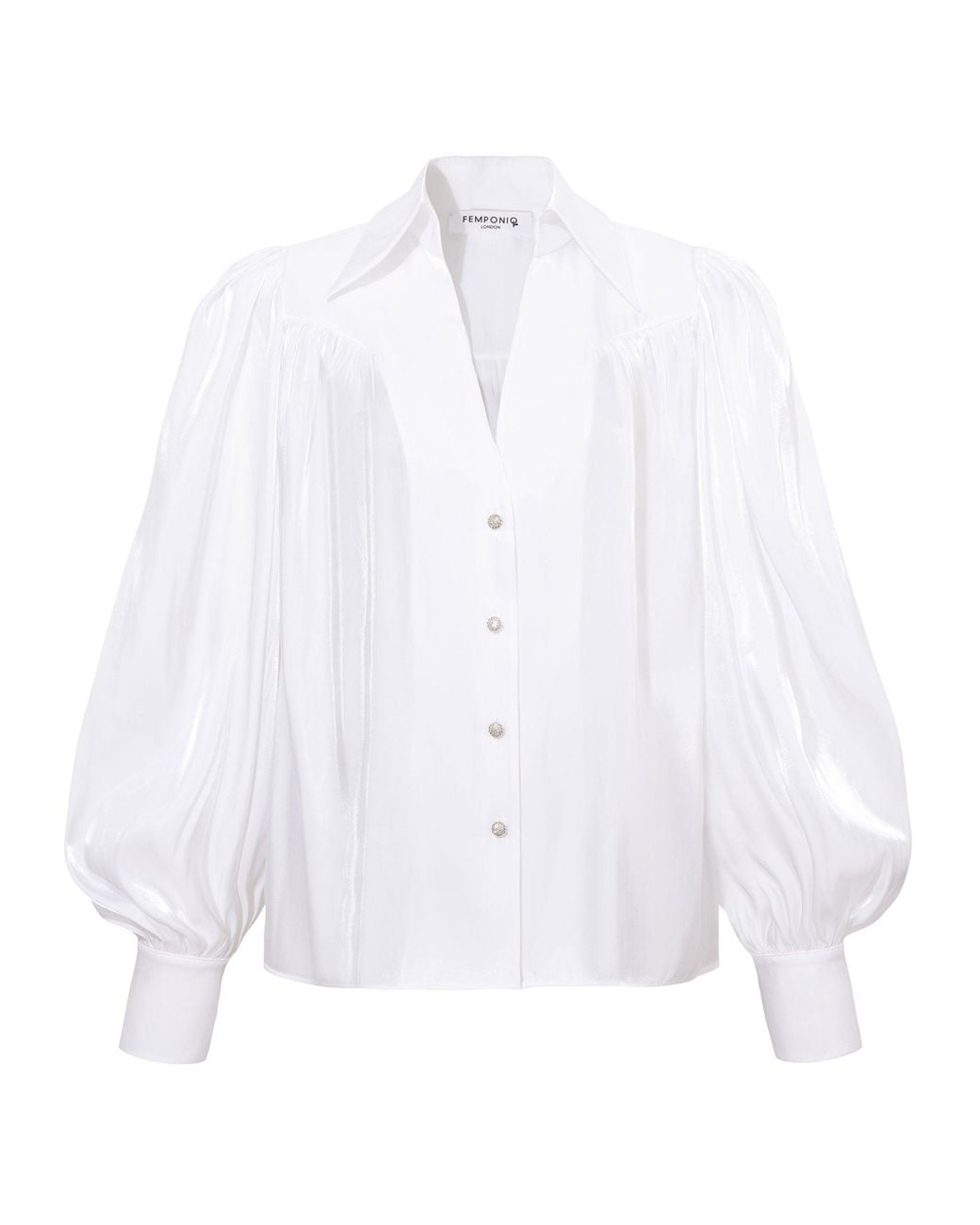 Femponiq White Puff Sleeve V-Neck Gathered Shirt