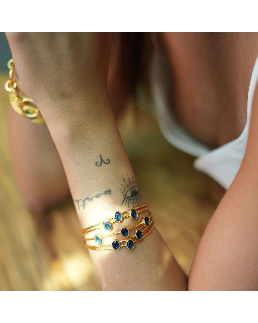 Ebru Jewelry Metallic Gold Plated Sapphire Stone Cuff Bracelet
