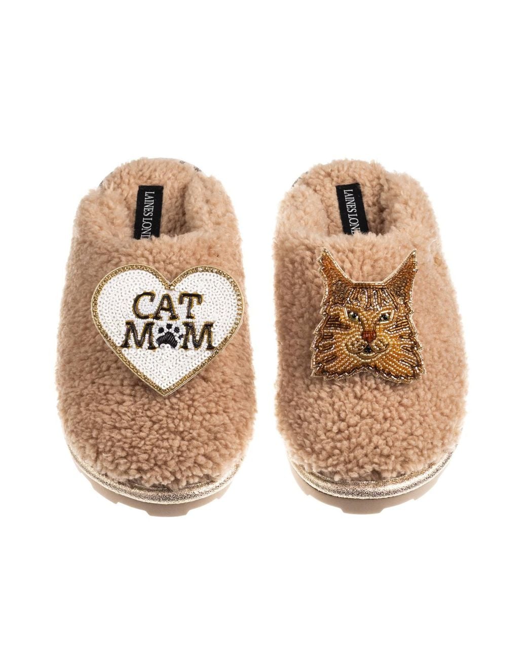 Laines London Metallic Neutrals Teddy Closed Toe Slippers With Cat Mum/Mom & Maine Coon Cat Brooches