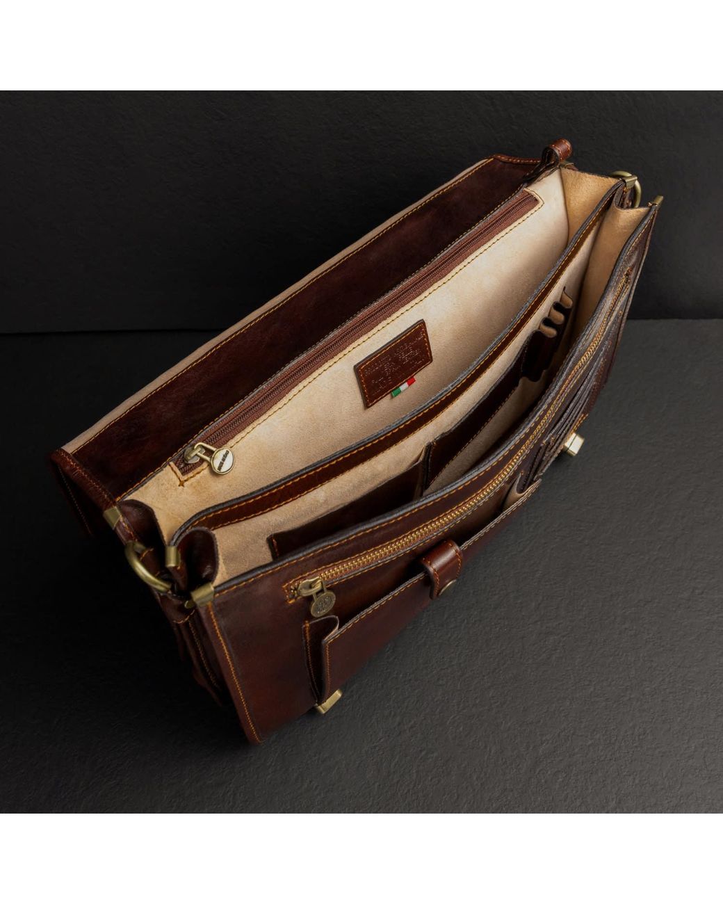Time Resistance Brown Leather Briefcase Laptop Bag for men