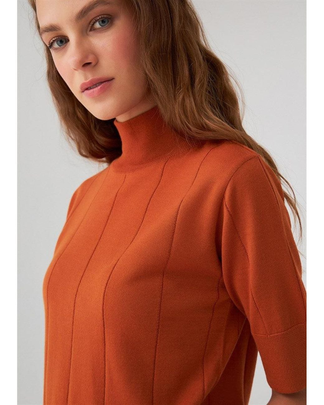 Peraluna Brown Betty High Neck Short Sleeve Knitwear Fine Blouse