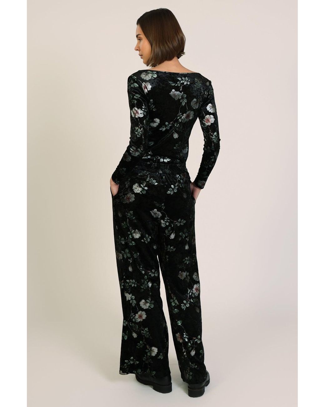 Traffic People Black Swan Song Metallic Velvet Floral Edith Wide Leg Trousers