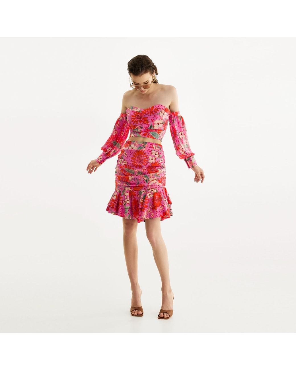 Lita Couture Red Summer Bouquet Mini Ruffle Skirt