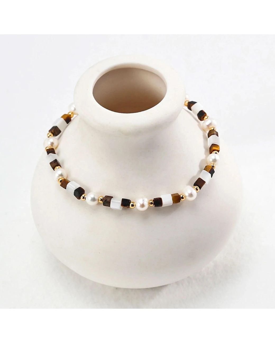 Angel Barocco Metallic Tiger Eye Gemstone Pearl Beaded Bracelet