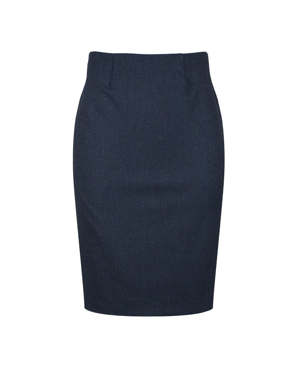 Conquista Blue Classic Pencil Midi Skirt – Subtle Pinstripe, Elastic Fabric, Back Slit