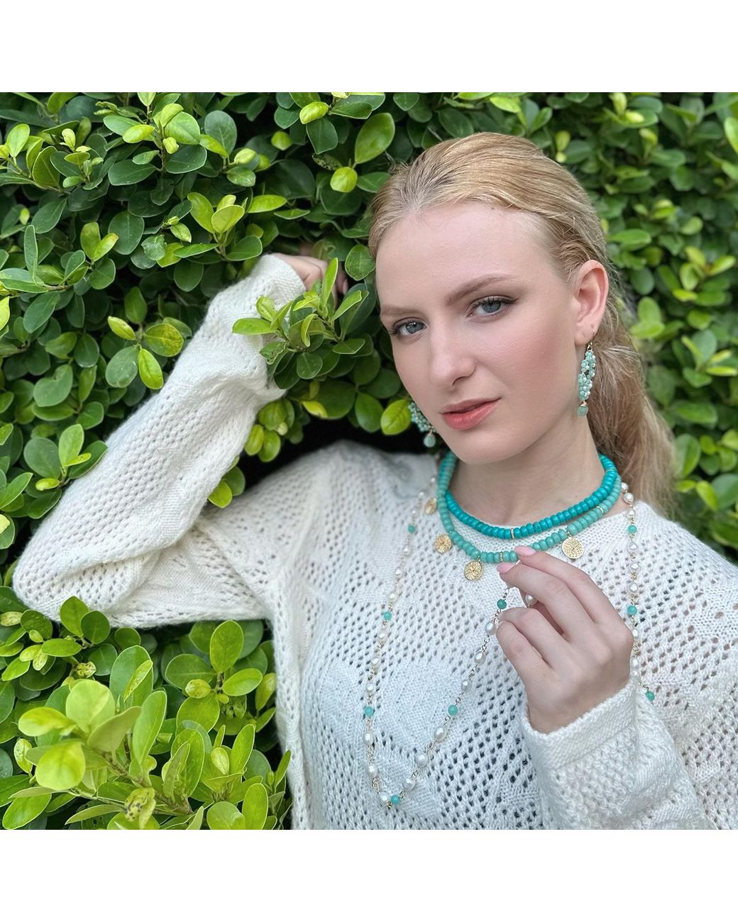 Farra Green Amazonite Double Strands Coin Charm Statement Necklace