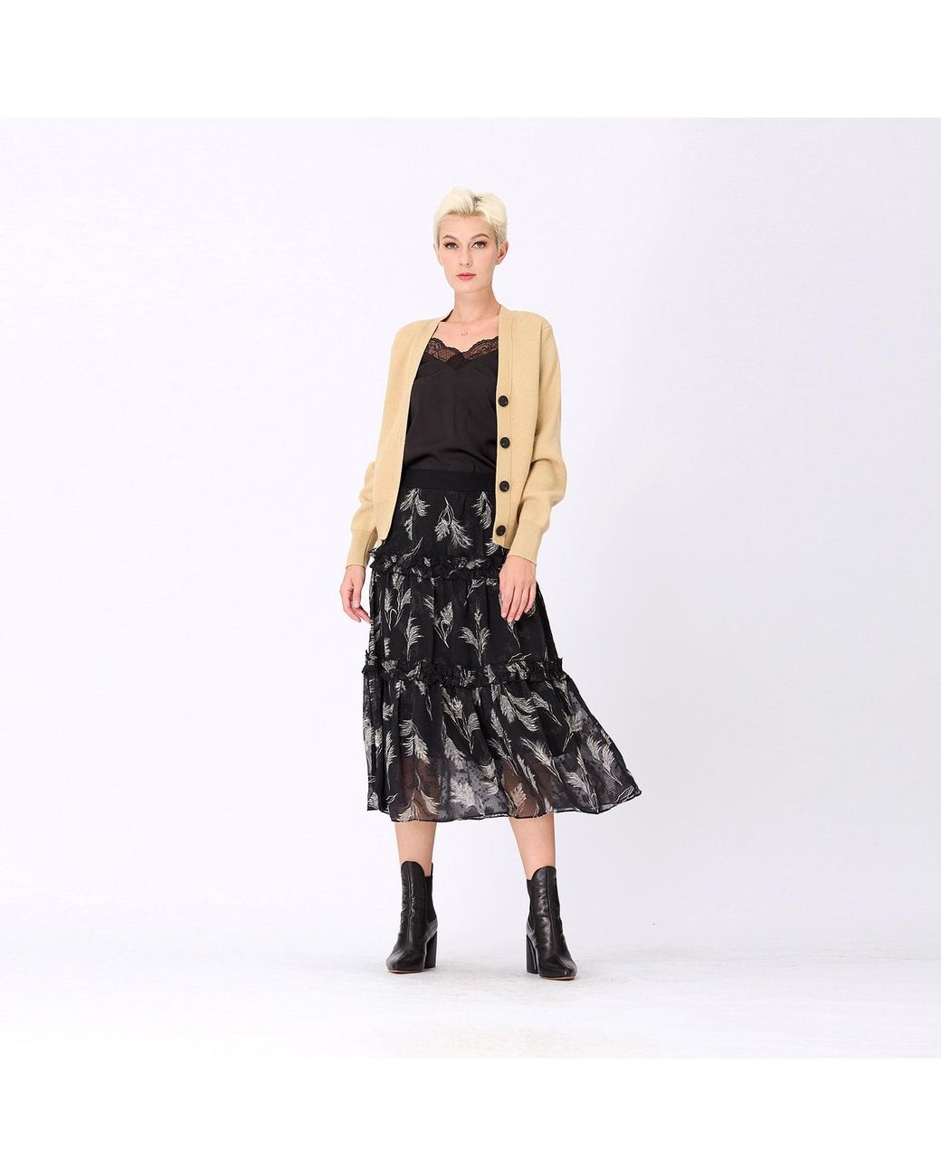 Smart and Joy Black Tiered Panel Feather Print Skirt