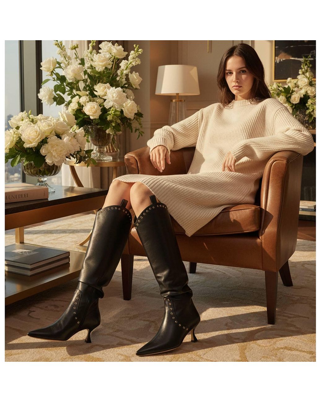 Beautiisoles by Robyn Shreiber Made in Italy Black Vanesa Leather Knee-High Boot With Studs & Kitten Heel Elegant For Work & Valentine Day