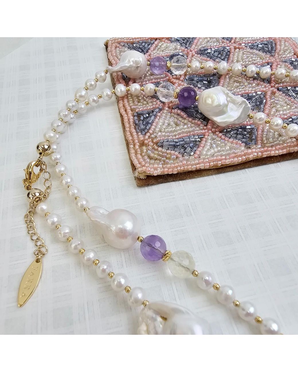 Farra White Baroque Pearls With Amethyst Long Necklace