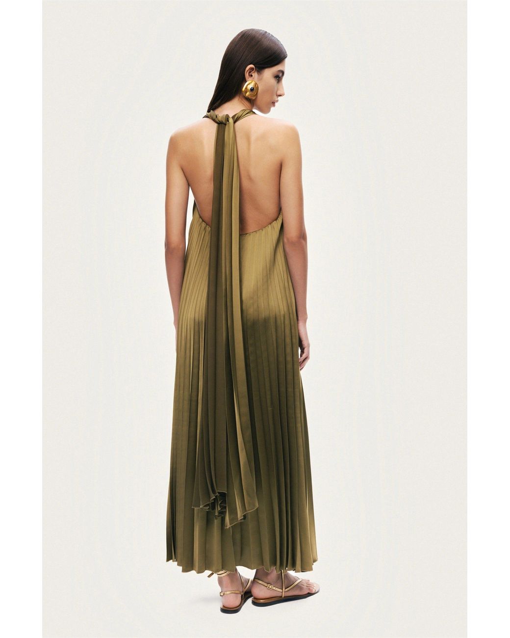 Nocturne Green Neutrals Pleated Halter Maxi Dress