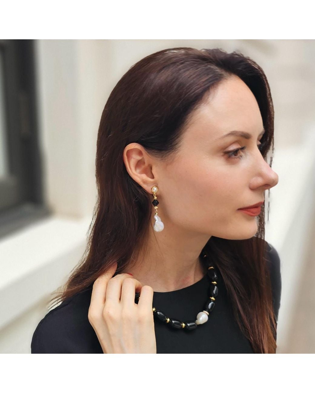 Farra Metallic Baroque Pearls With Obsidian Clip-On Earrings