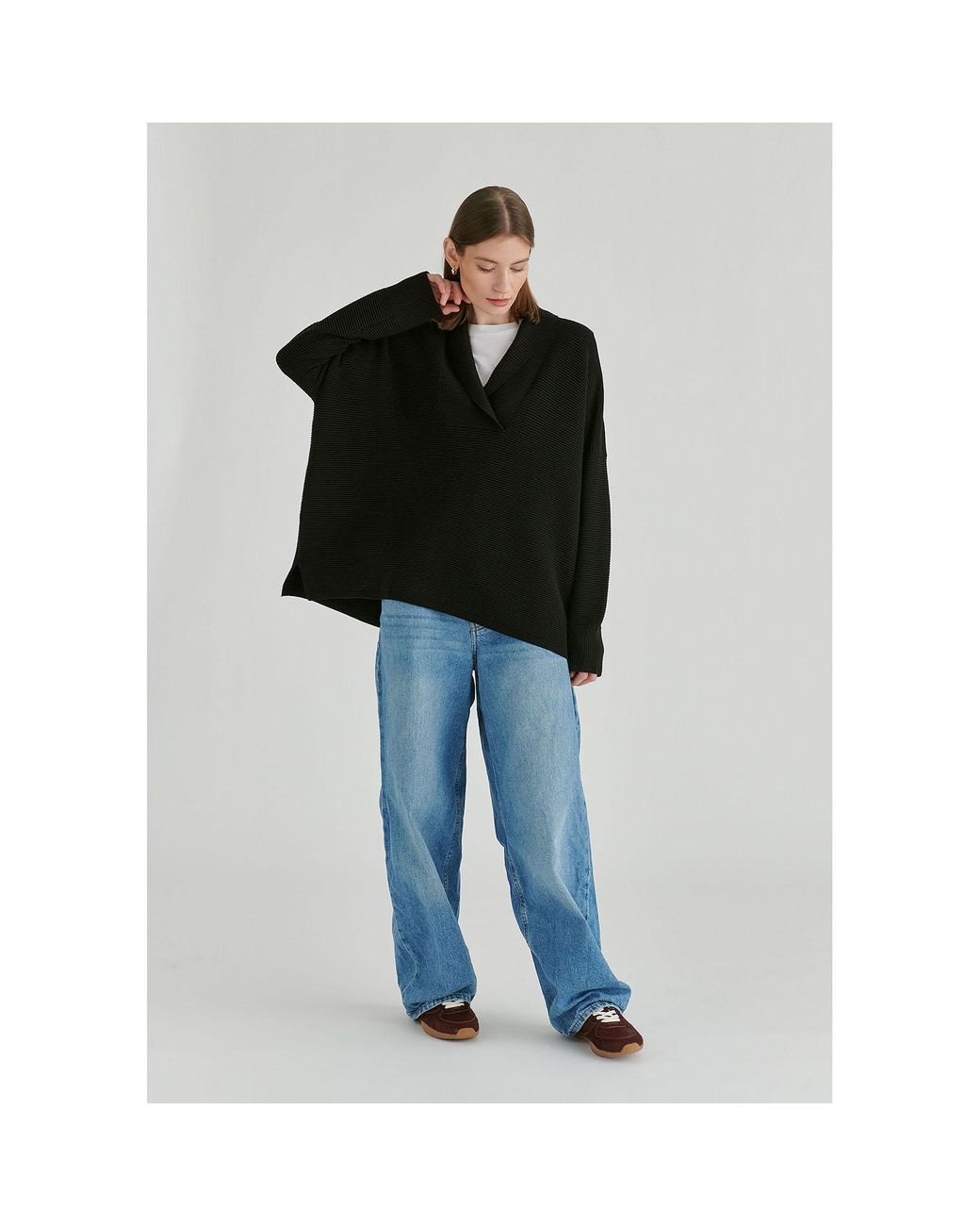 Paisie Black Shawl Collar Ribbed Jumper