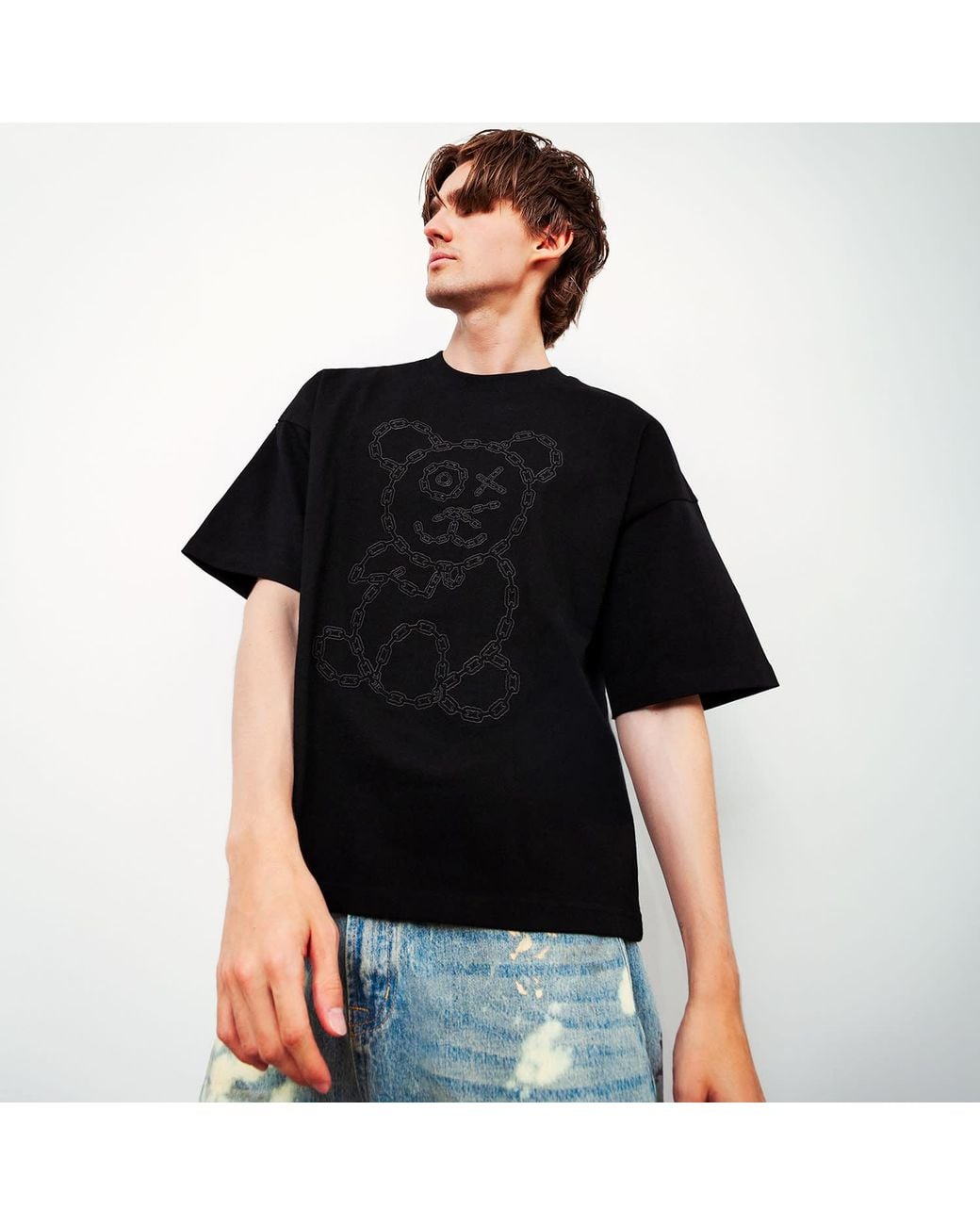 X Ilona Blue Black Universal Fit Graffiti Baby Bear Organic Cotton Charcoal Chain Link Embroidery Tee for men