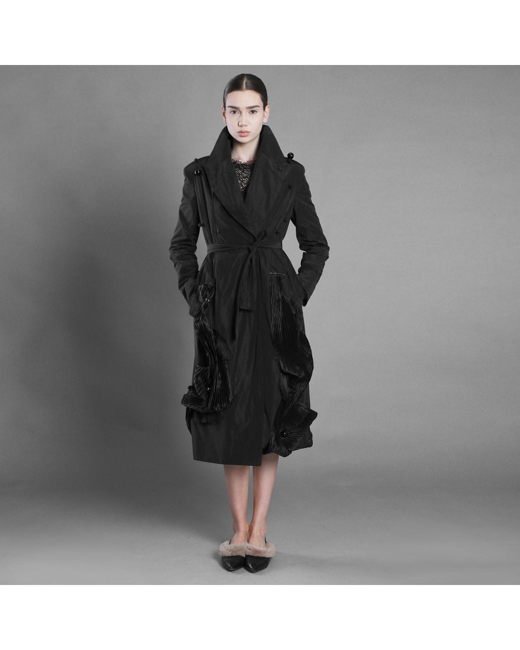 Silvia Serban Black Metallic Thread Taffeta Trench Dress