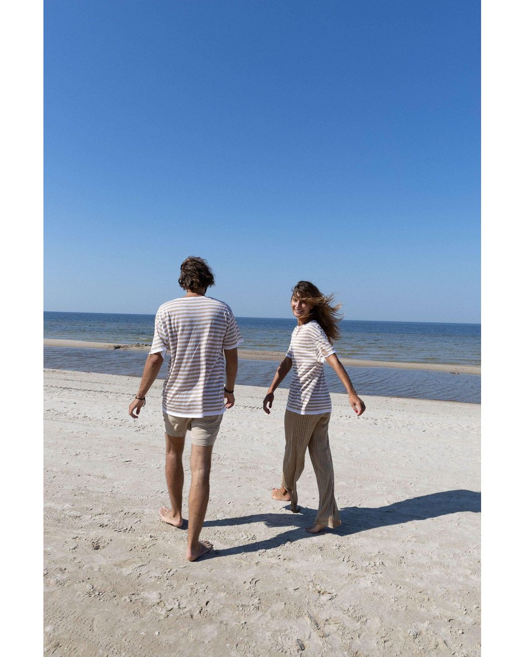 SALANIDA White Energia Ripped Linen T-Shirt Caramel Striped