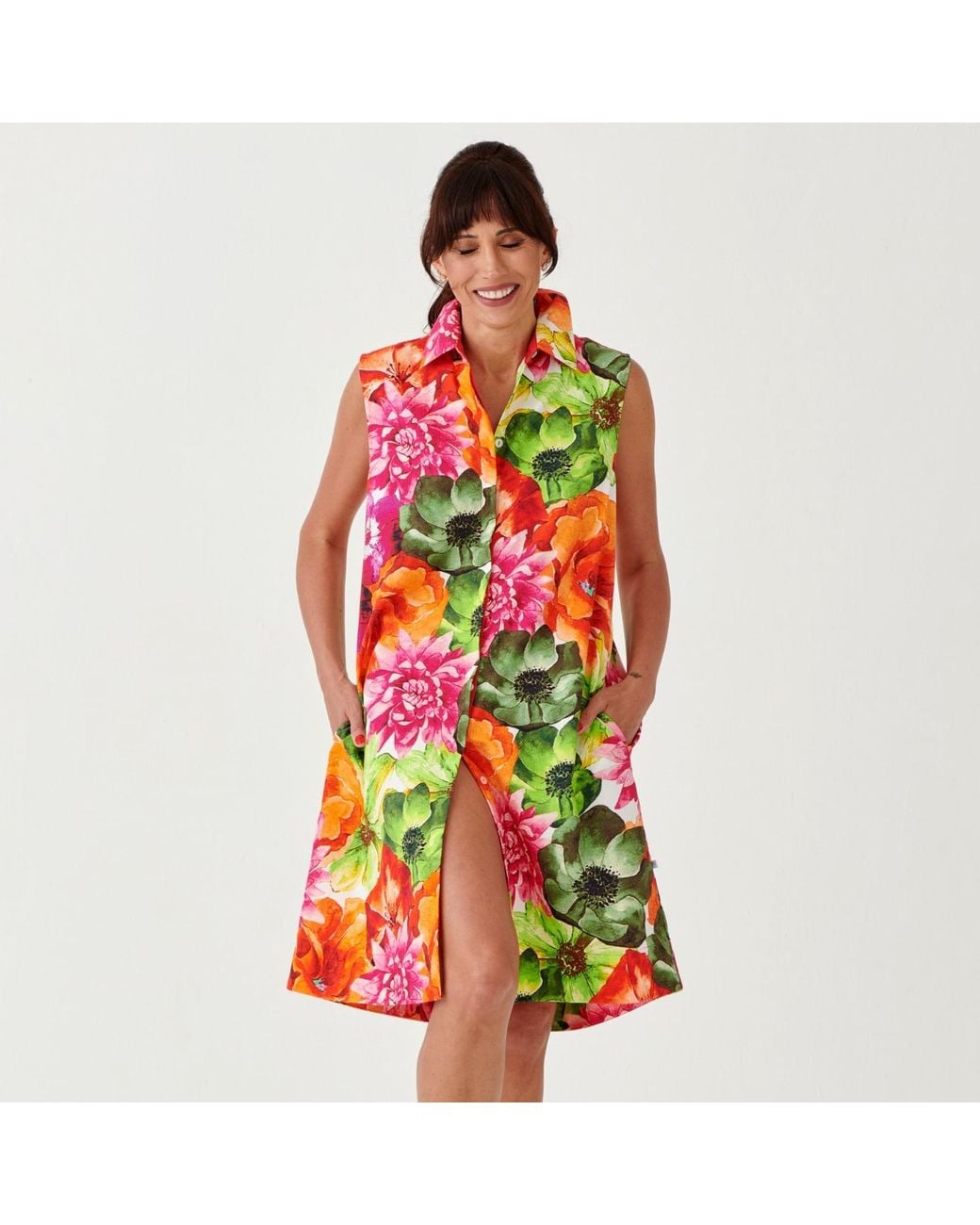 Perlavera Green Clare Giant Flower Printed Cotton Satin Sleeveless Printed Missy Fit Midi Dress